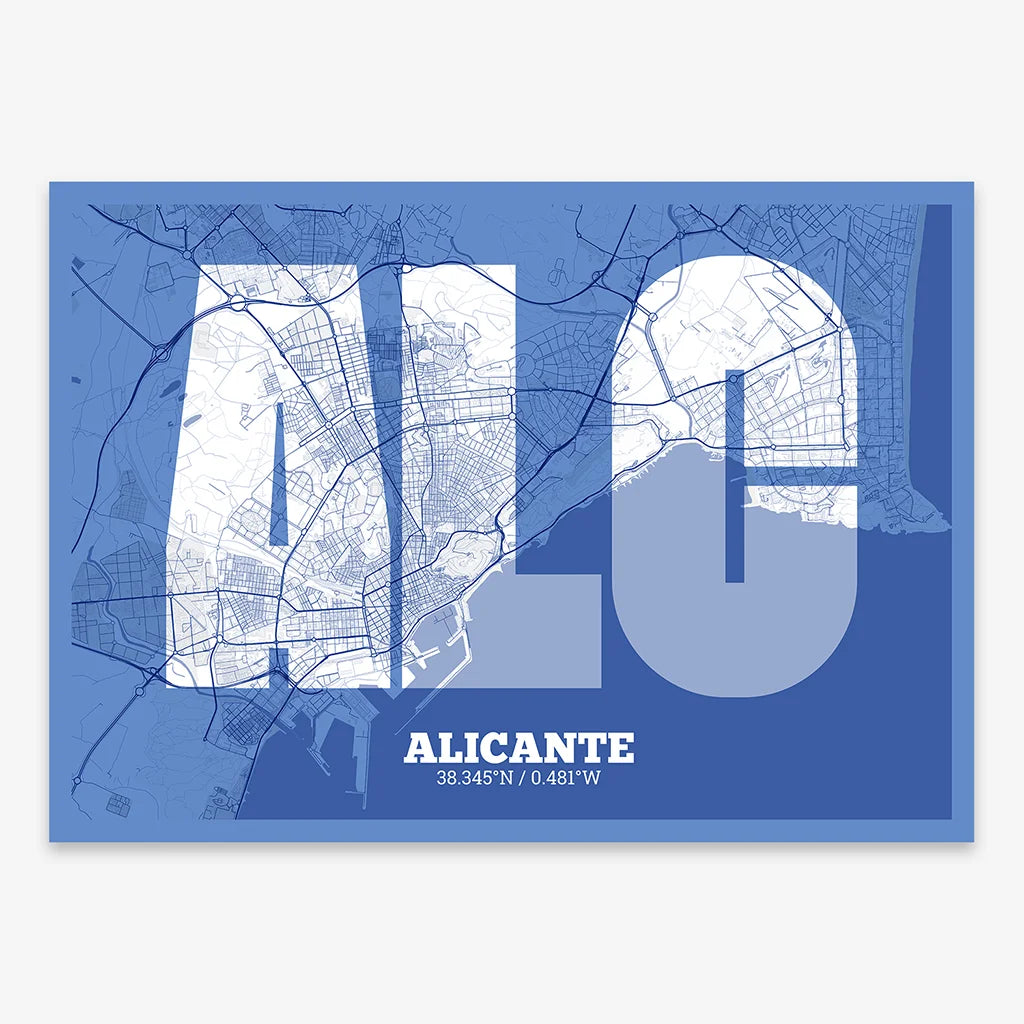 Decorative print of Alicante composed with letters in a heavy geometric font printed on navy blue and white