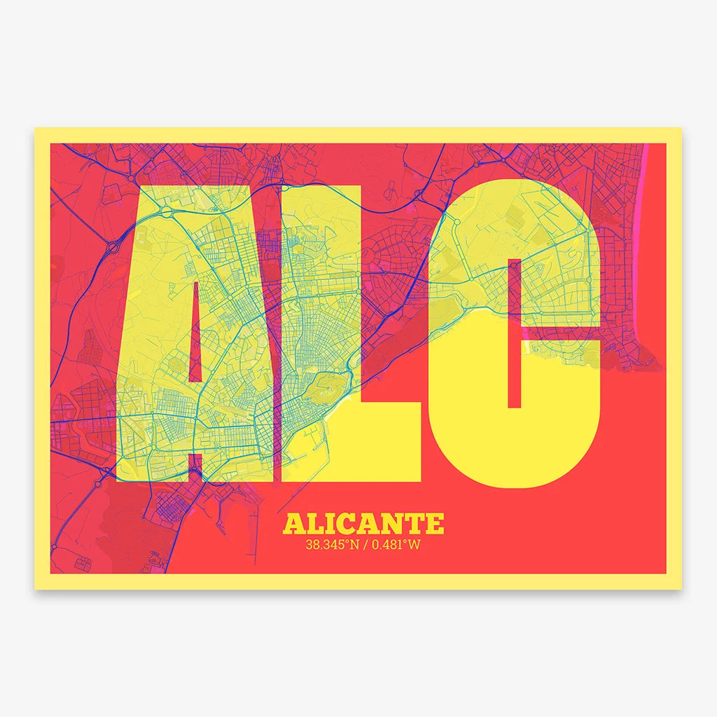 Decorative print of Alicante composed with letters in a heavy geometric font printed on yellow and fuchsia