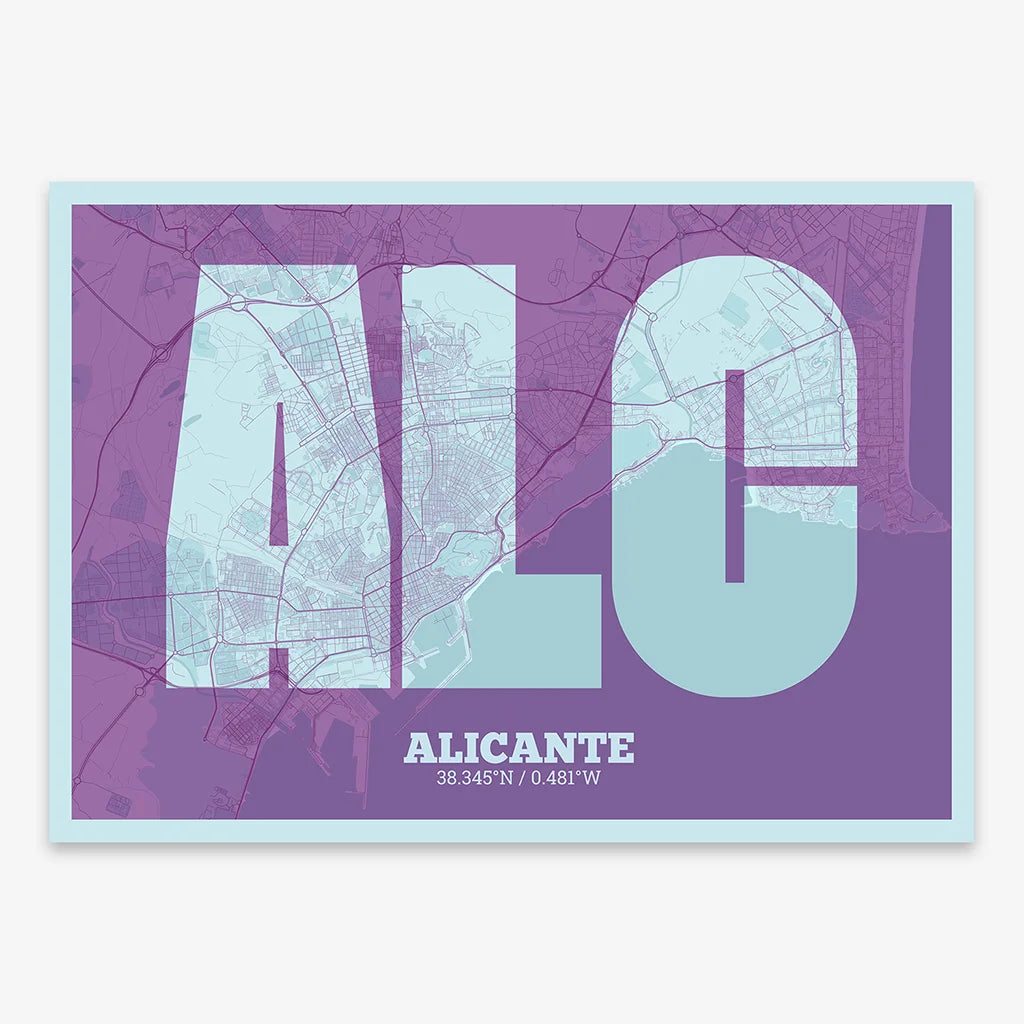 Decorative print of Alicante composed with letters in a heavy geometric font printed on purple and light blue