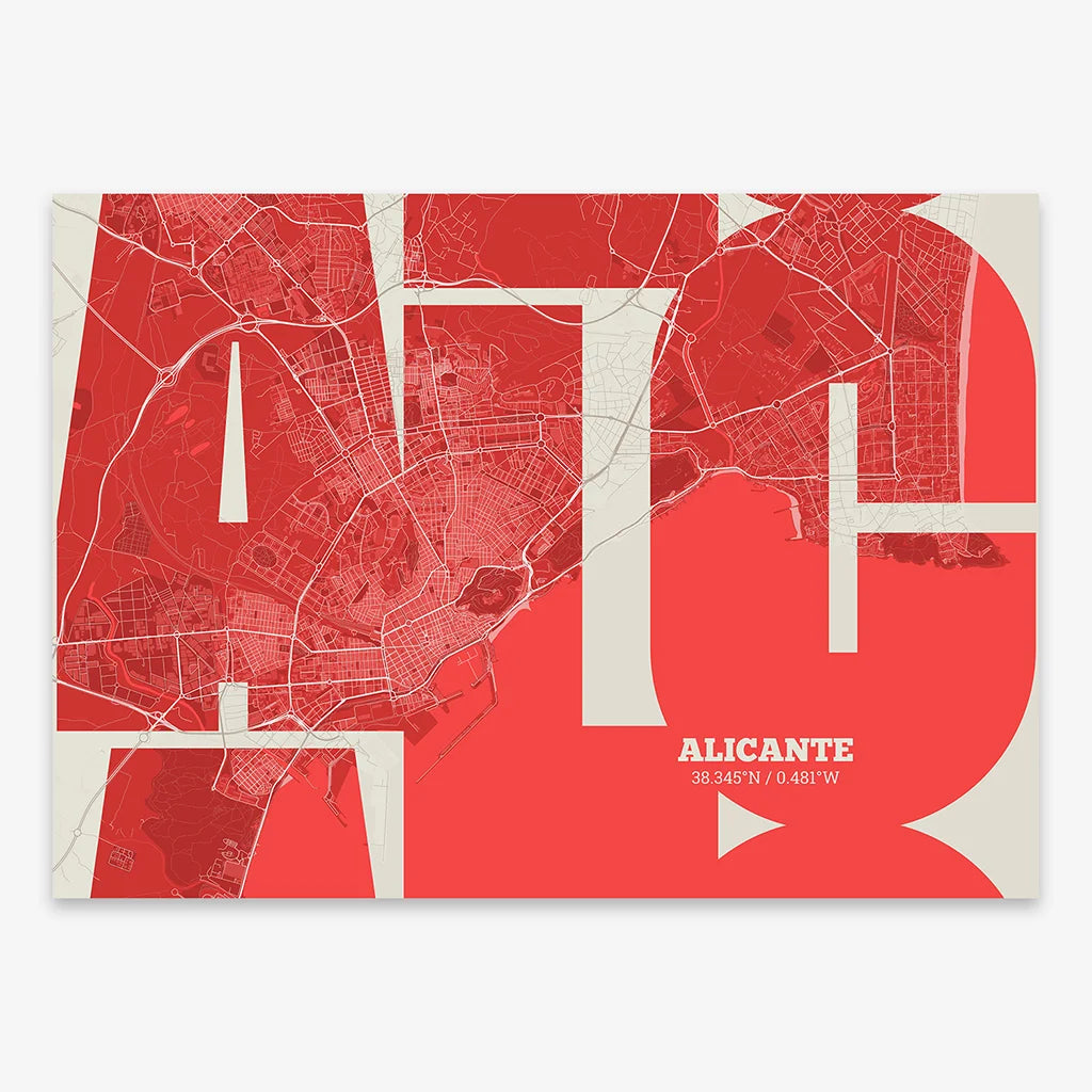 The map of Alicante in Inseparable design, featuring the city's abbreviation in expressive typography over a detailed urban map designed in red and an off-white background