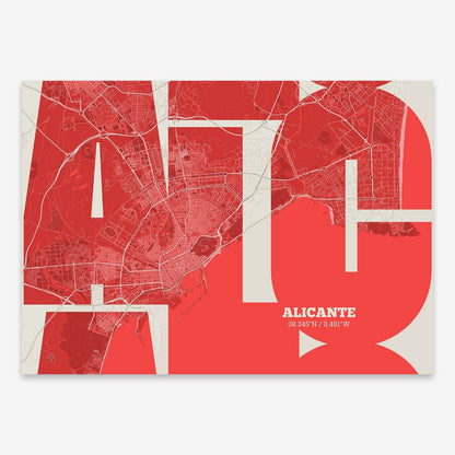 The map of Alicante composed with letters from its name or IATA code printed on red and an off-white background