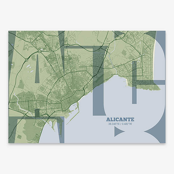 Poster of Alicante composed with letters from its abbreviation or its airport IATA code printed on two green tones