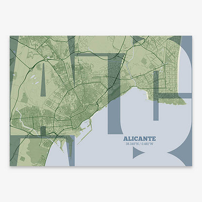 Poster of Alicante composed with letters from its abbreviation or its airport IATA code printed on two green tones