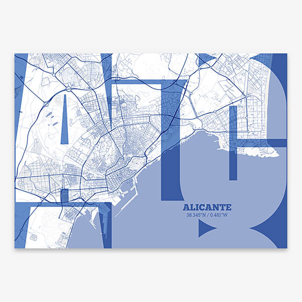 Poster of Alicante composed with letters from its abbreviation or its airport IATA code printed on navy blue and white