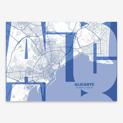 The map of Alicante composed with letters from its name or IATA code printed on navy blue and white