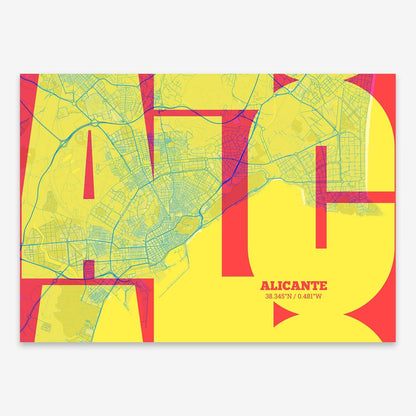The map of Alicante composed with letters from its name or IATA code printed on yellow and fuchsia