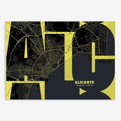 The map of Alicante composed with letters from its name or IATA code printed on black and yellow