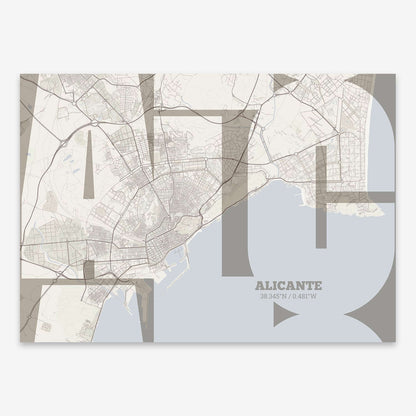 The map of Alicante composed with letters from its name or IATA code printed on light brown and an off-white background