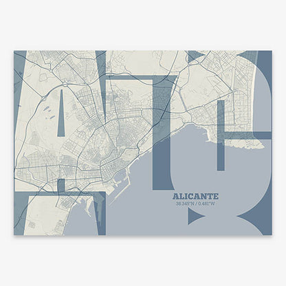 Poster of Alicante composed with letters from its abbreviation or its airport IATA code printed on bluish gray and an off-white background