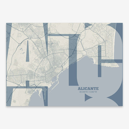The map of Alicante composed with letters from its name or IATA code printed on bluish gray and an off-white background