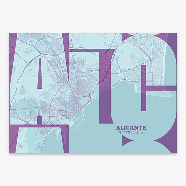 Poster of Alicante composed with letters from its abbreviation or its airport IATA code printed on purple and light blue