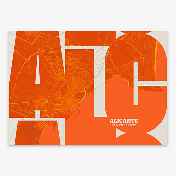 Poster of Alicante composed with letters from its abbreviation or its airport IATA code printed on orange and an off-white background