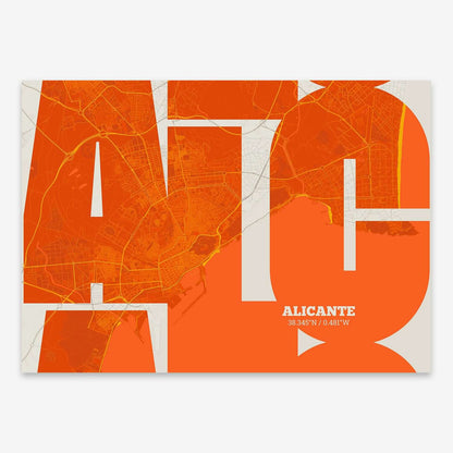 The map of Alicante composed with letters from its name or IATA code printed on orange and an off-white background