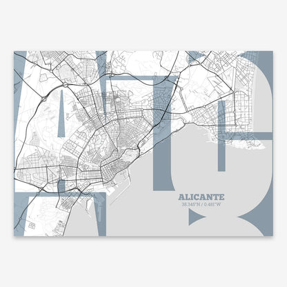 The map of Alicante composed with letters from its name or IATA code printed on black and white