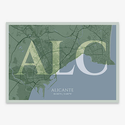 Decorative map of Alicante composed with letters in serif font printed on two green tones