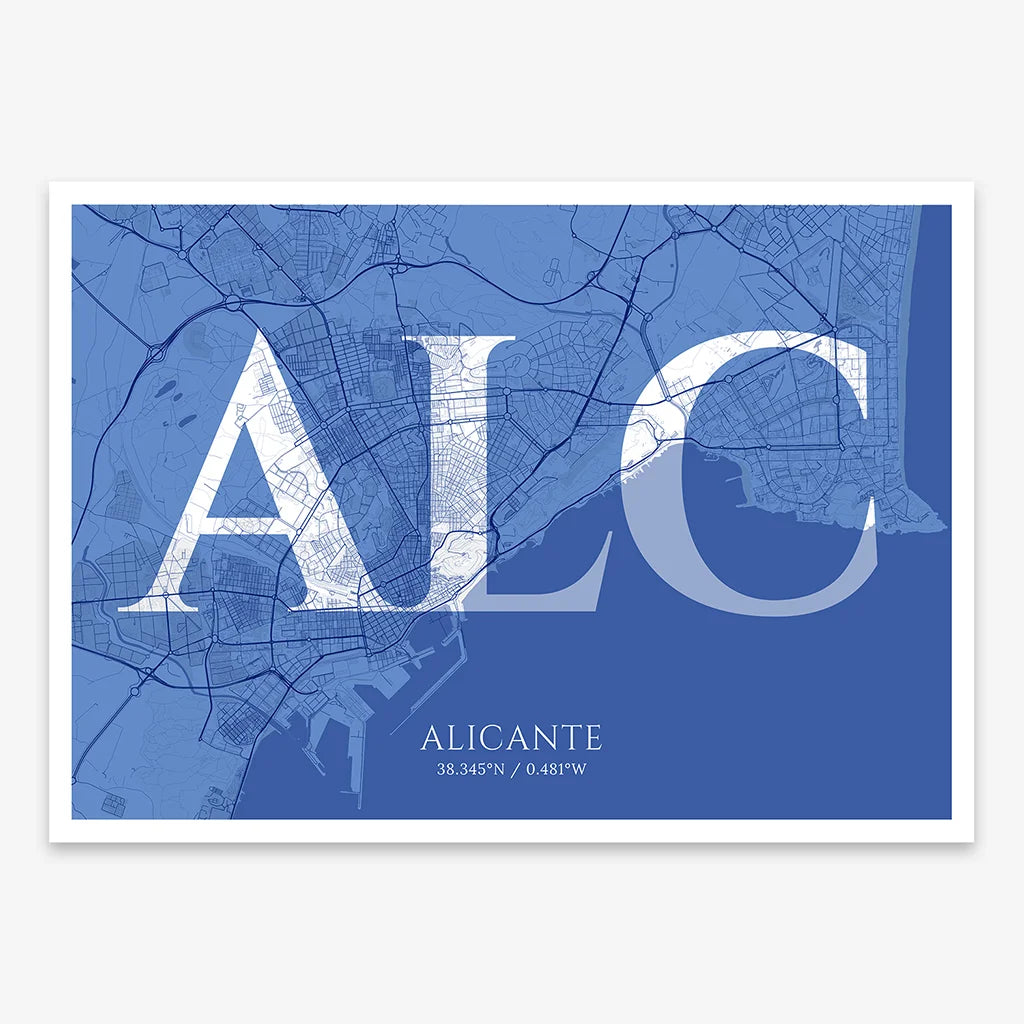 Decorative map of Alicante composed with letters in serif font printed on navy blue and white