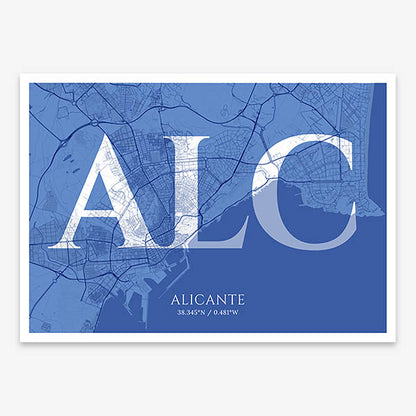 Decorative map of Alicante composed with letters in serif font printed on navy blue and white