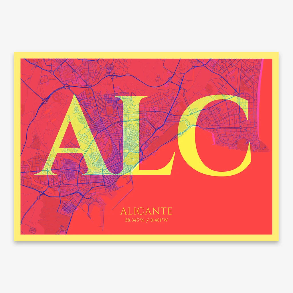 Decorative map of Alicante composed with letters in serif font printed on yellow and fuchsia