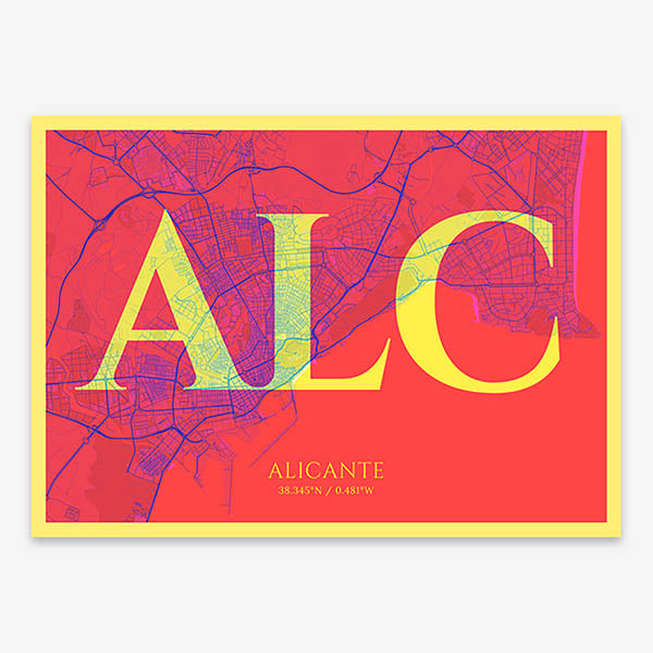 Decorative map of Alicante composed with letters in serif font printed on yellow and fuchsia
