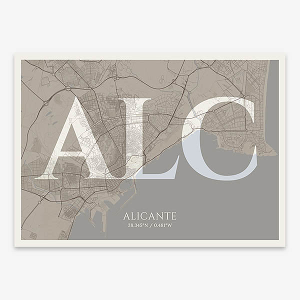 Decorative map of Alicante composed with letters in serif font printed on light brown and an off-white background