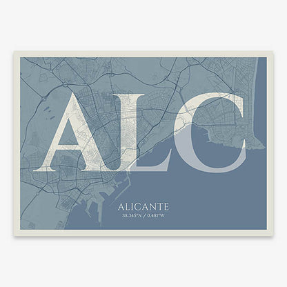Decorative map of Alicante composed with letters in serif font printed on bluish gray and an off-white background