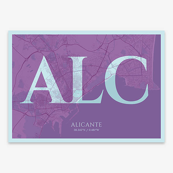 Decorative map of Alicante composed with letters in serif font printed on purple and light blue