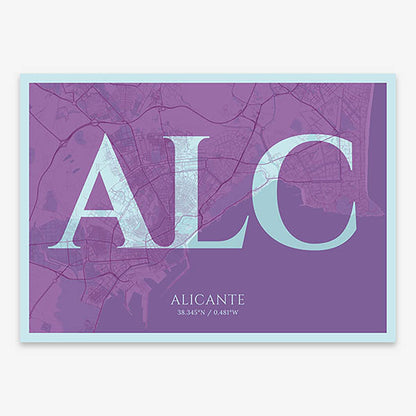 Decorative map of Alicante composed with letters in serif font printed on purple and light blue