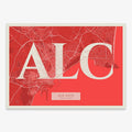 Decorative map of Alicante composed with letters in serif font printed on red and an off-white background
