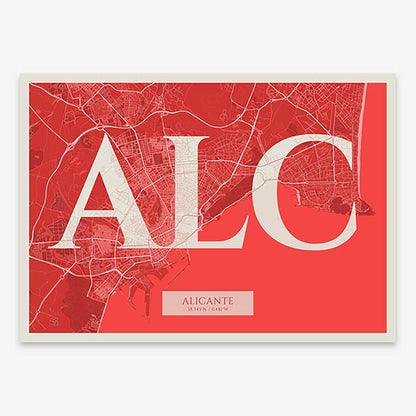 Decorative map of Alicante composed with letters in serif font printed on red and an off-white background