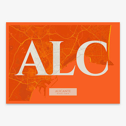 Decorative map of Alicante composed with letters in serif font printed on orange and an off-white background