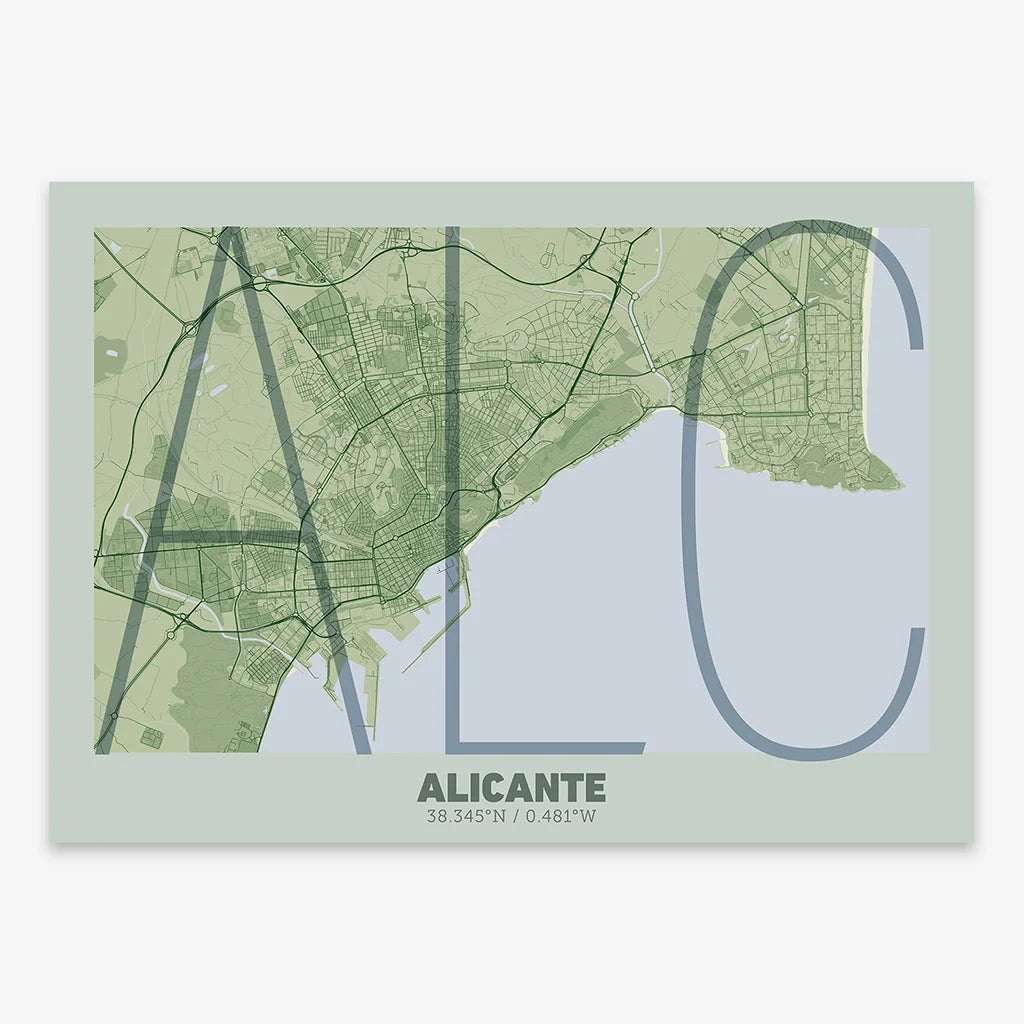 Poster of Alicante composed with letters in extra light font printed on two green tones