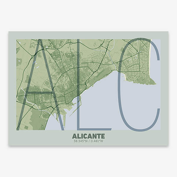 Poster of Alicante composed with letters in extra light font printed on two green tones