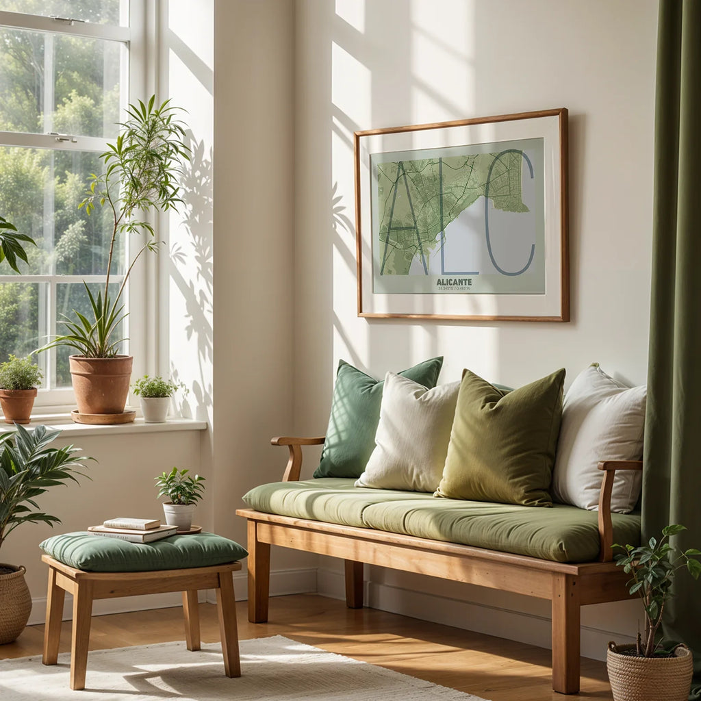 Modern interior design with a Alicante in Ultralight design, a minimalist aesthetic combining urban cartography with modern, extra-thin elegant lettering designed in two green tones, displayed on a living room wall