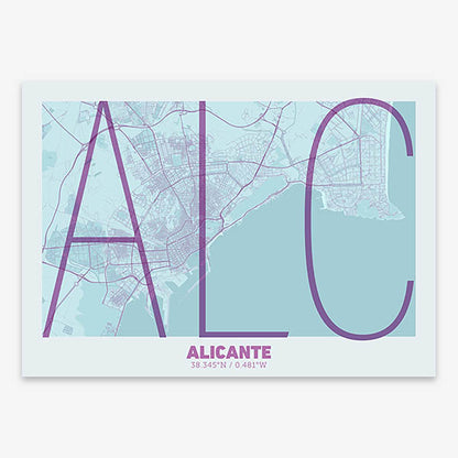 Poster of Alicante composed with letters in extra light font printed on purple and light blue