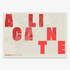 Decorative print of Alicante with letters of its name placed randomly, designed in red and an off-white background