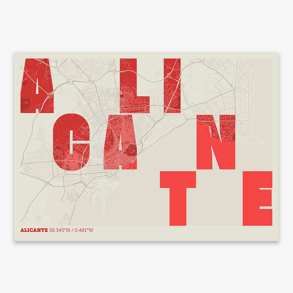 Decorative print of Alicante with letters of its name placed randomly, designed in red and an off-white background