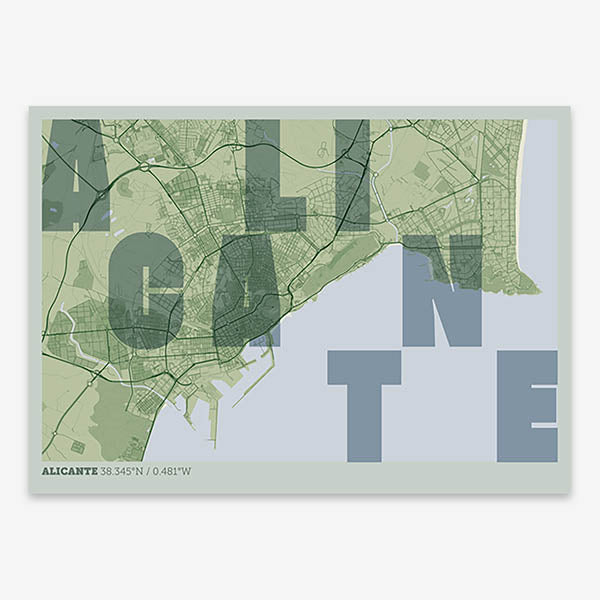 Decorative print of Alicante with letters of its name placed randomly, designed in two green tones