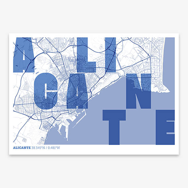Decorative print of Alicante with letters of its name placed randomly, designed in navy blue and white