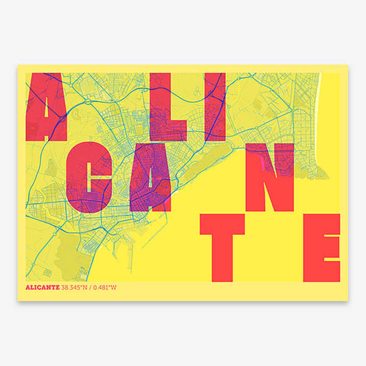 Decorative print of Alicante with letters of its name placed randomly, designed in yellow and fuchsia