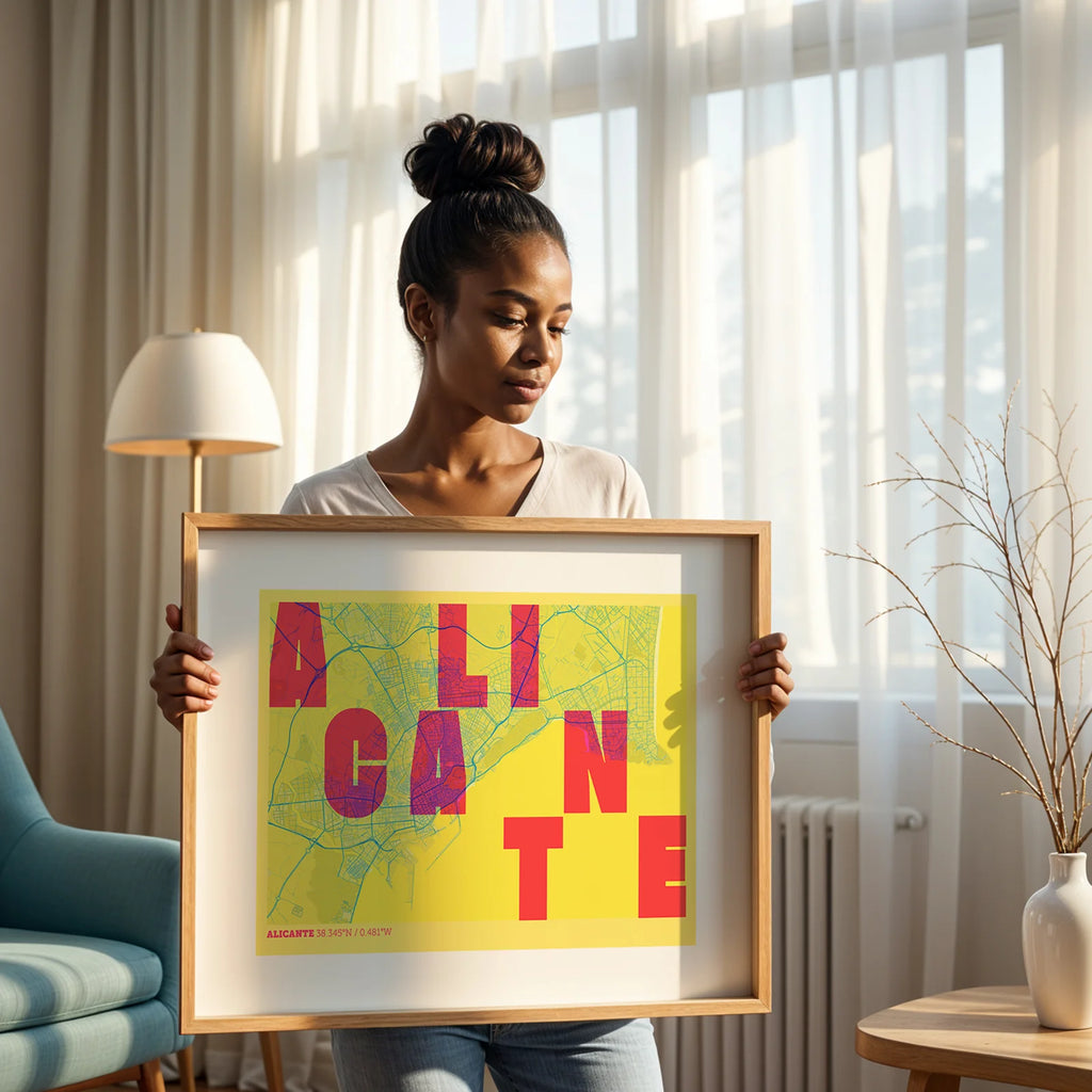 Modern interior design with a Alicante in Unruled design, where the city name letters appear randomly across different lines for a truly original urban layout designed in yellow and fuchsia, displayed on a living room wall
