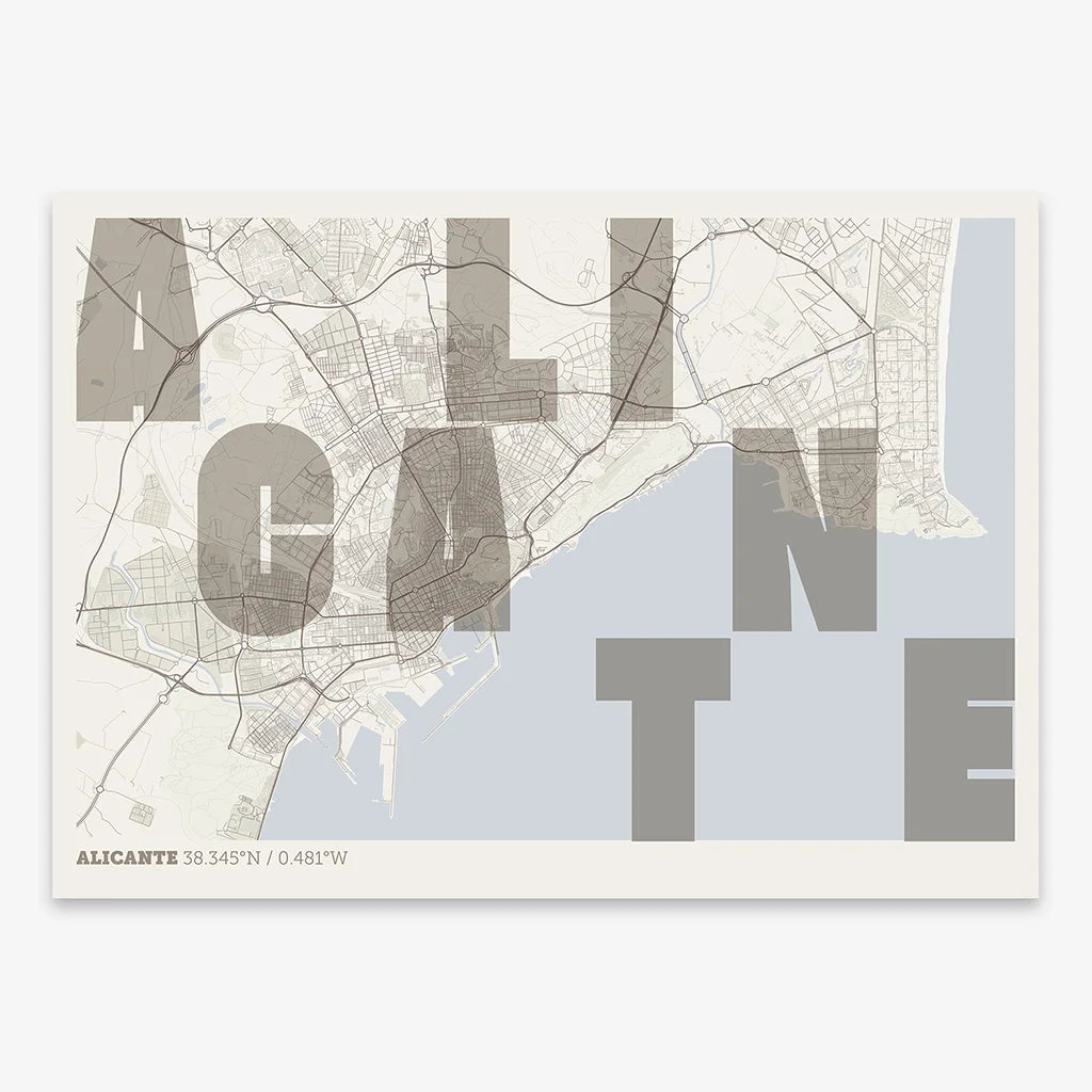 Decorative print of Alicante with letters of its name placed randomly, designed in light brown and an off-white background