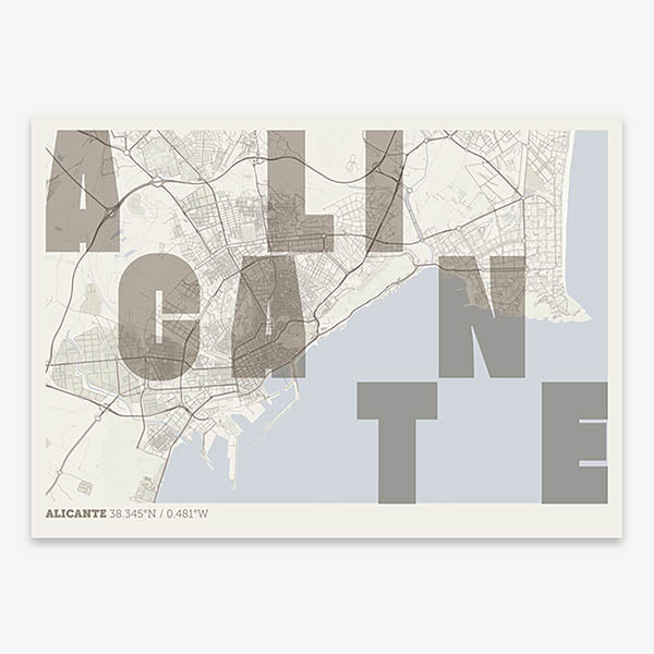 Decorative print of Alicante with letters of its name placed randomly, designed in light brown and an off-white background
