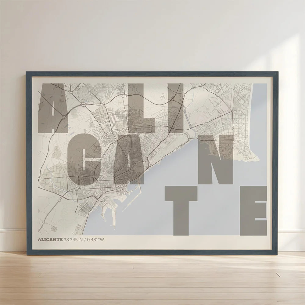 Framed Alicante in Unruled design, where the city name letters appear randomly across different lines for a truly original urban layout designed in light brown and an off-white background with no border edge-to-edge print leaning against a wall