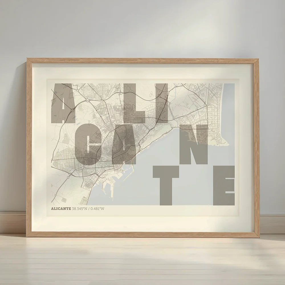 Framed Alicante in Unruled design, where the city name letters appear randomly across different lines for a truly original urban layout designed in light brown and an off-white background with a white margin border in a warm lit minimalist setting