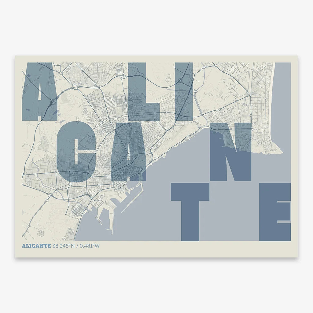 Decorative print of Alicante with letters of its name placed randomly, designed in bluish gray and an off-white background