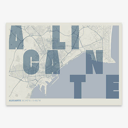 Decorative print of Alicante with letters of its name placed randomly, designed in bluish gray and an off-white background