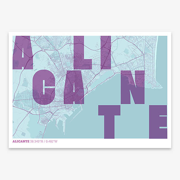 Decorative print of Alicante with letters of its name placed randomly, designed in purple and light blue
