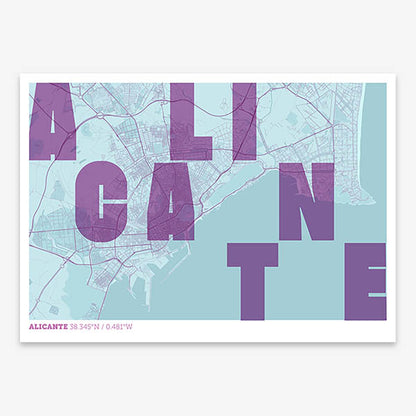 Decorative print of Alicante with letters of its name placed randomly, designed in purple and light blue