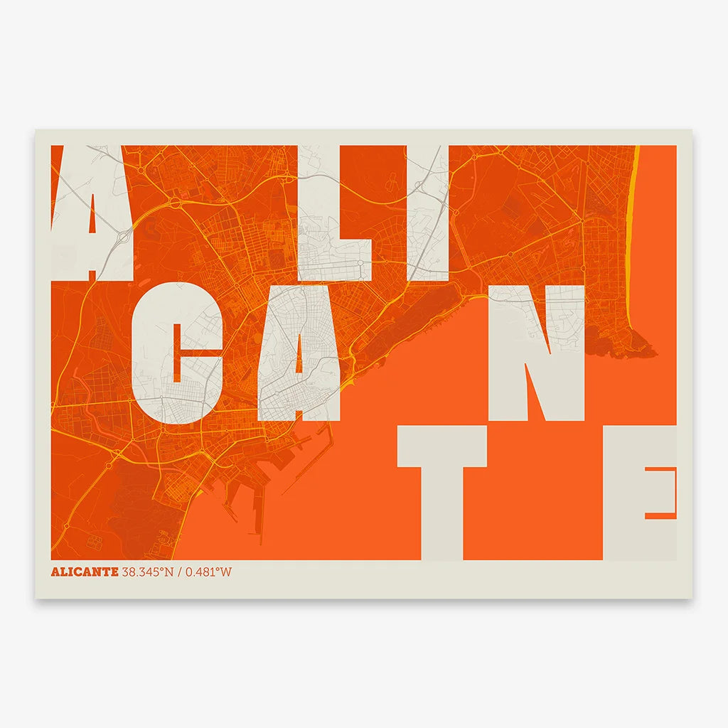 Decorative print of Alicante with letters of its name placed randomly, designed in orange and an off-white background