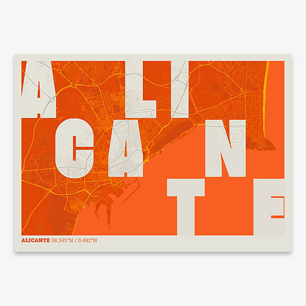 Decorative print of Alicante with letters of its name placed randomly, designed in orange and an off-white background